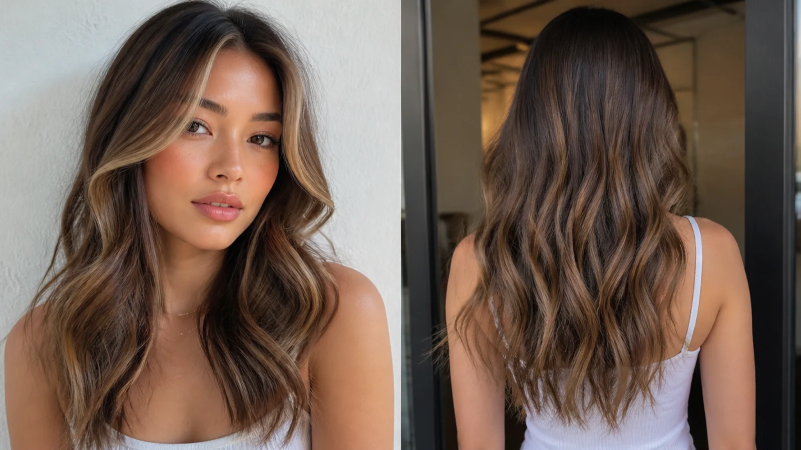 Hair with a multi-tonal bronde money piece blending brown and blonde
