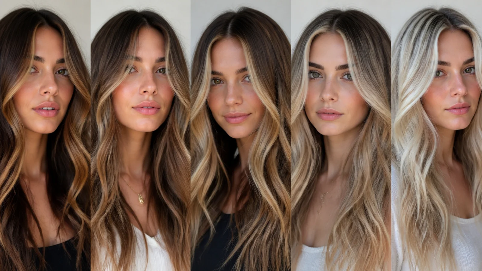 A palette of money piece shades from caramel to platinum on brown hair