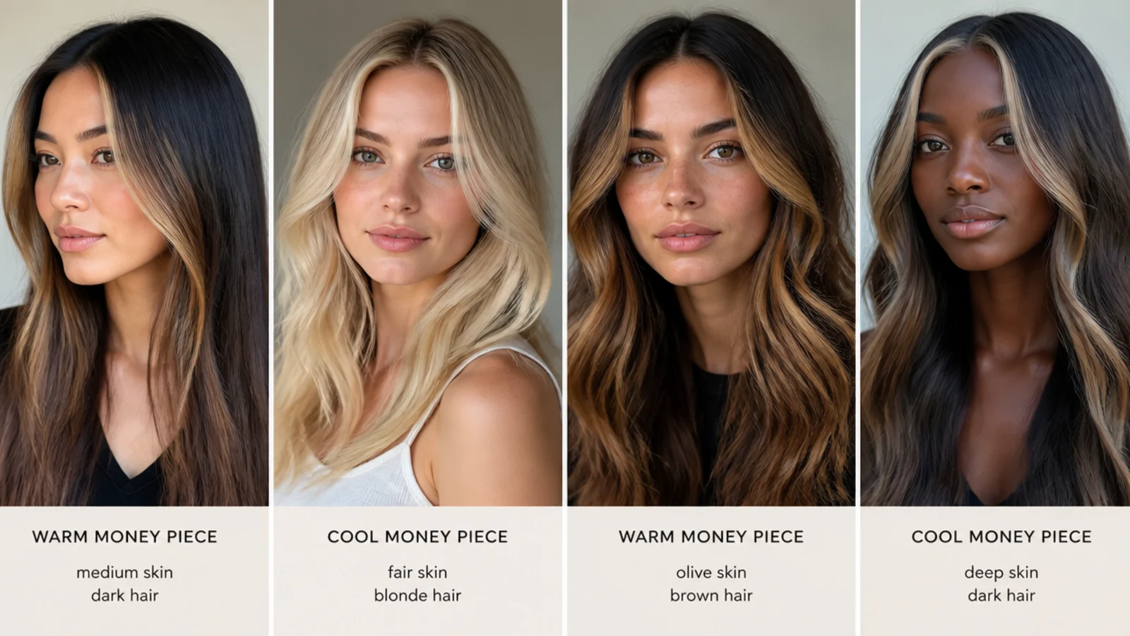 Warm and cool money piece shades held against different skin tones