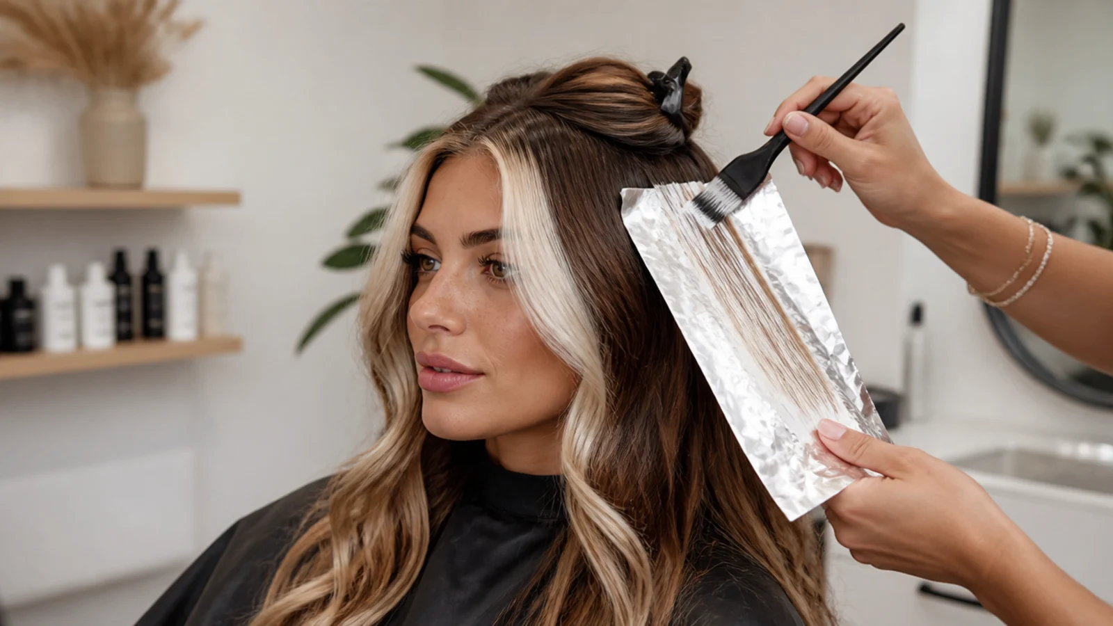 A colorist applying a bright money piece shade in foils at the salon