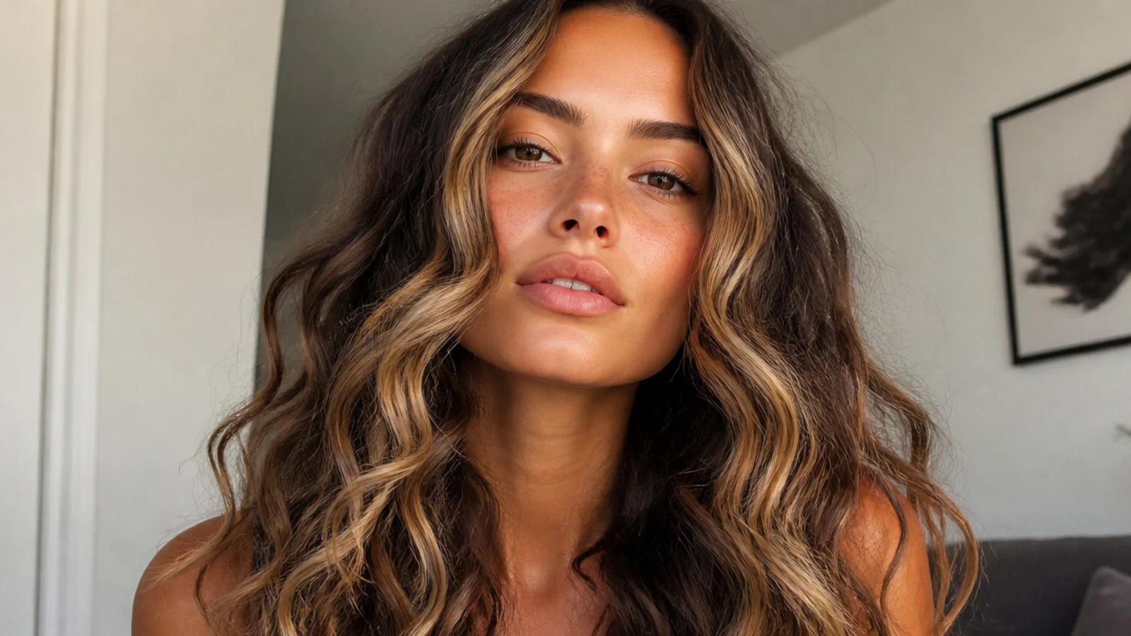 Curly hair with honey money piece pieces around the face