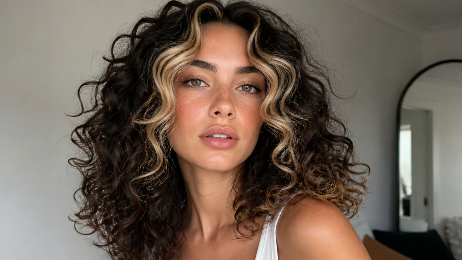 Dark curly hair with bold chunky blonde money piece pieces