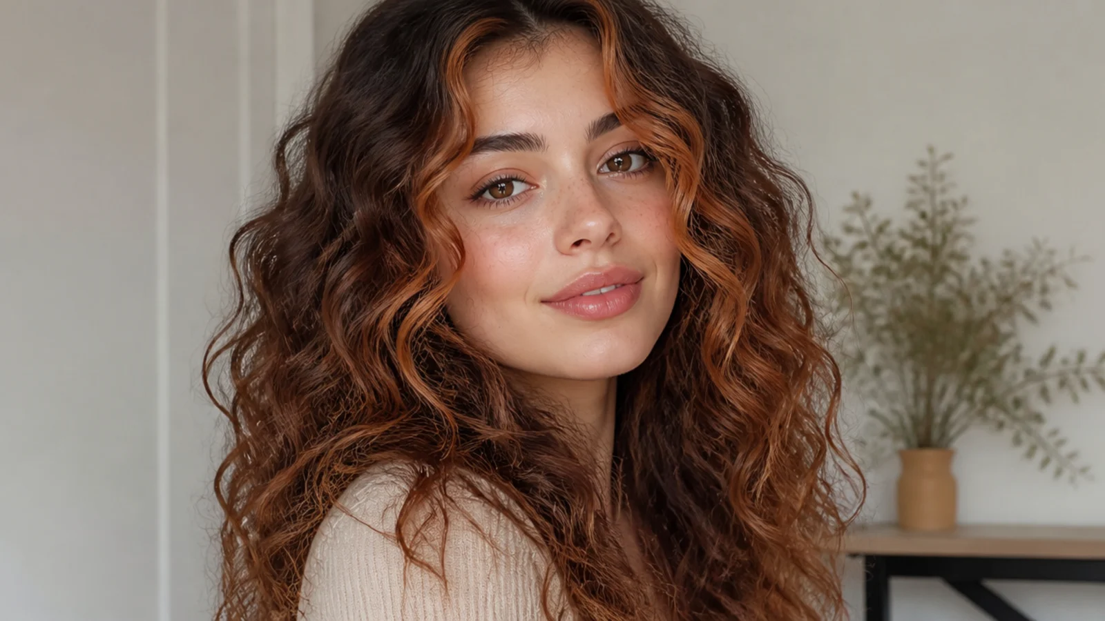 Curly hair with warm copper money piece pieces