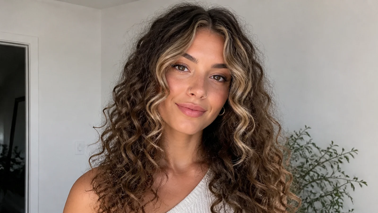 Curly hair with brightness placed on the front curls framing the face