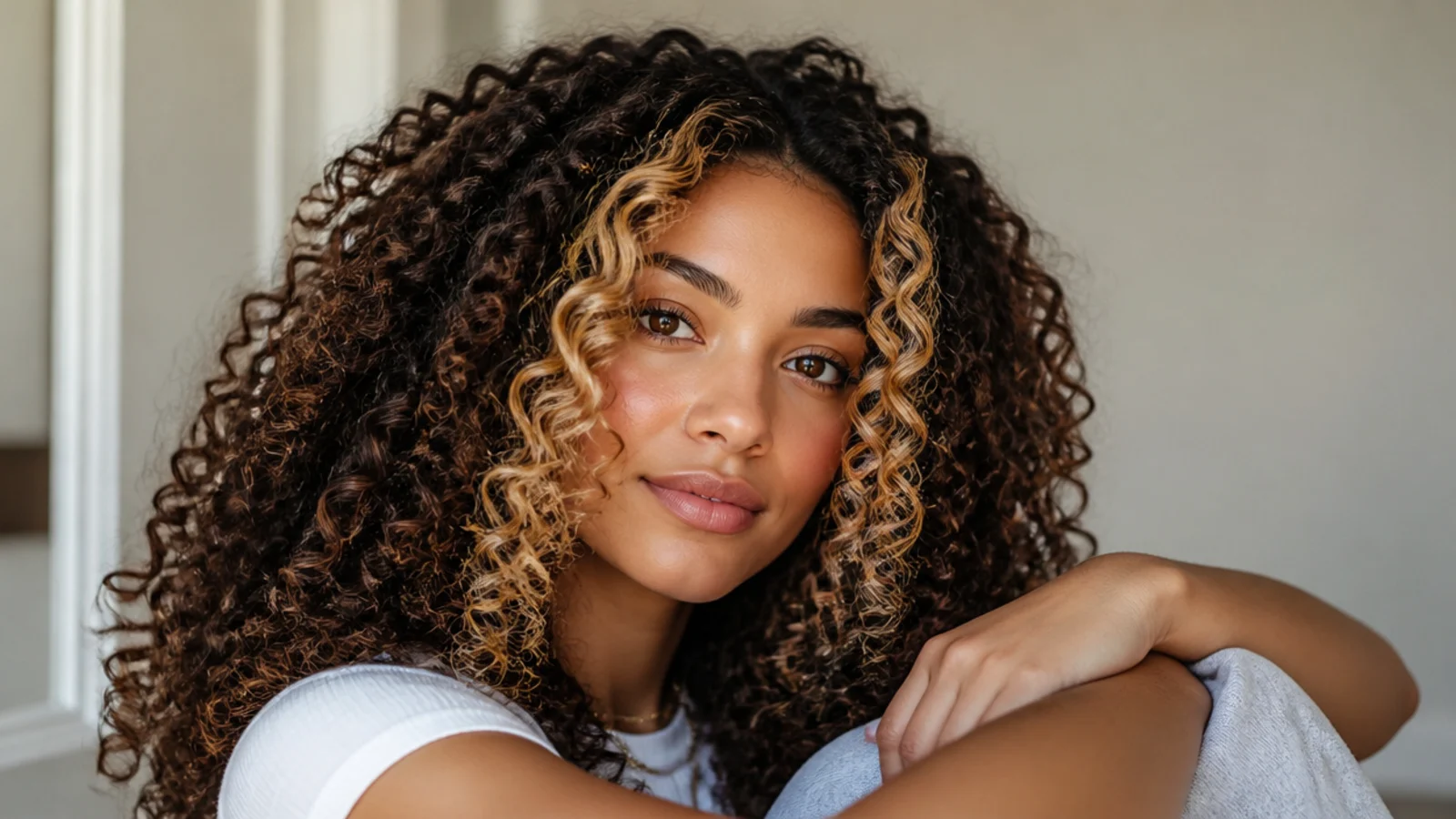 Tight ringlets with a golden money piece around the face