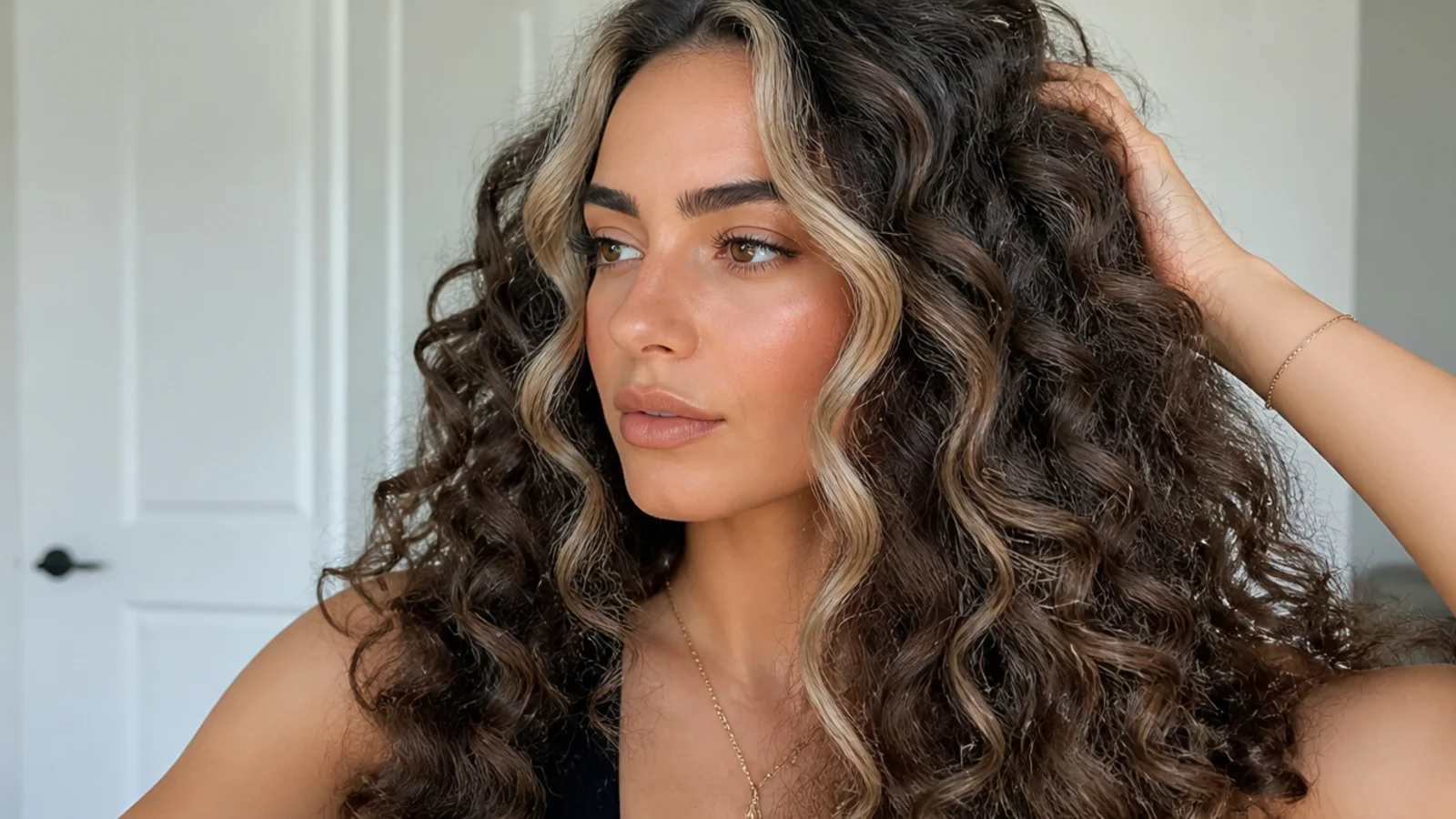 Curly hair with hidden peekaboo money piece pieces