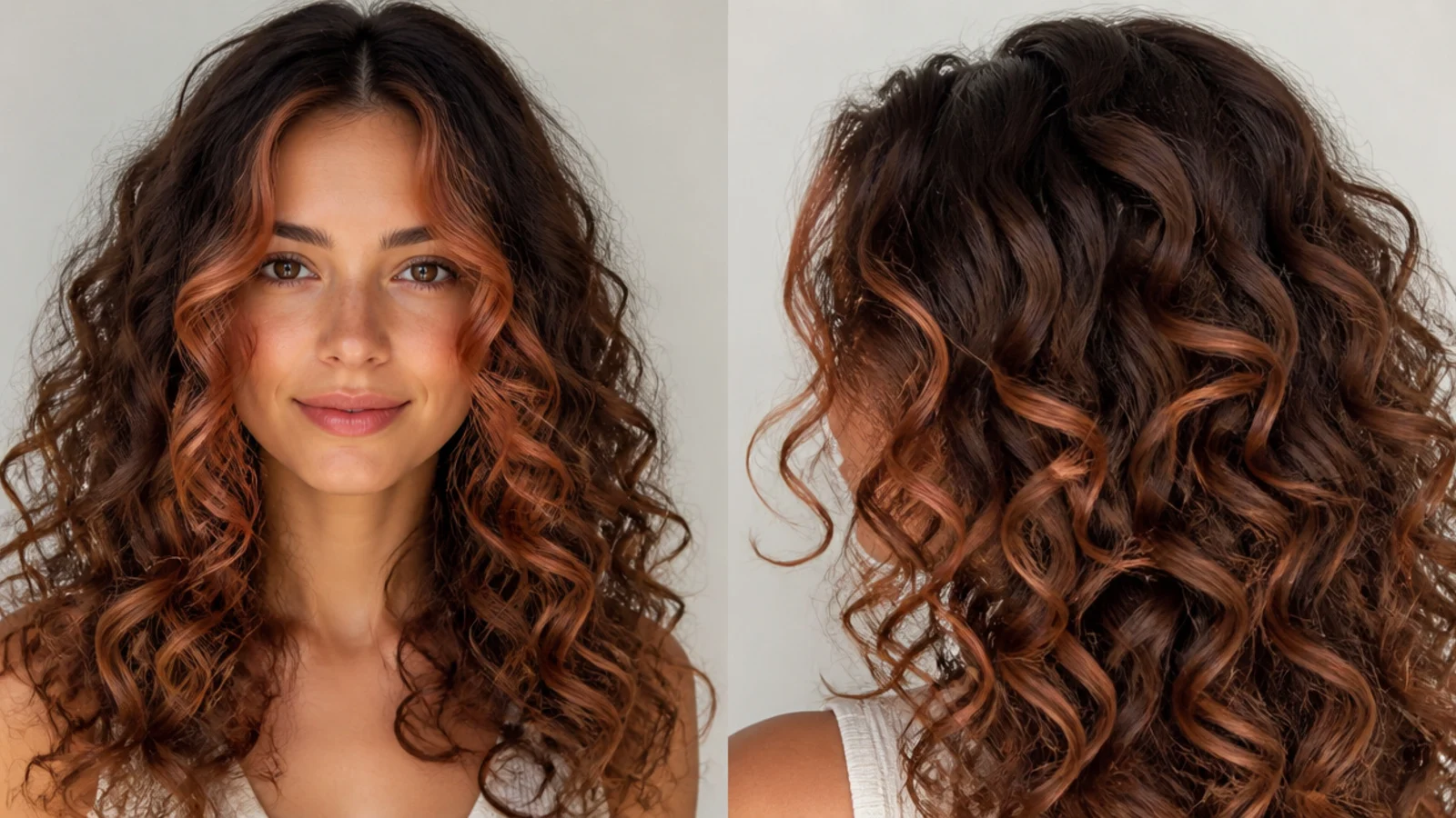 Curly hair with a soft strawberry-toned money piece