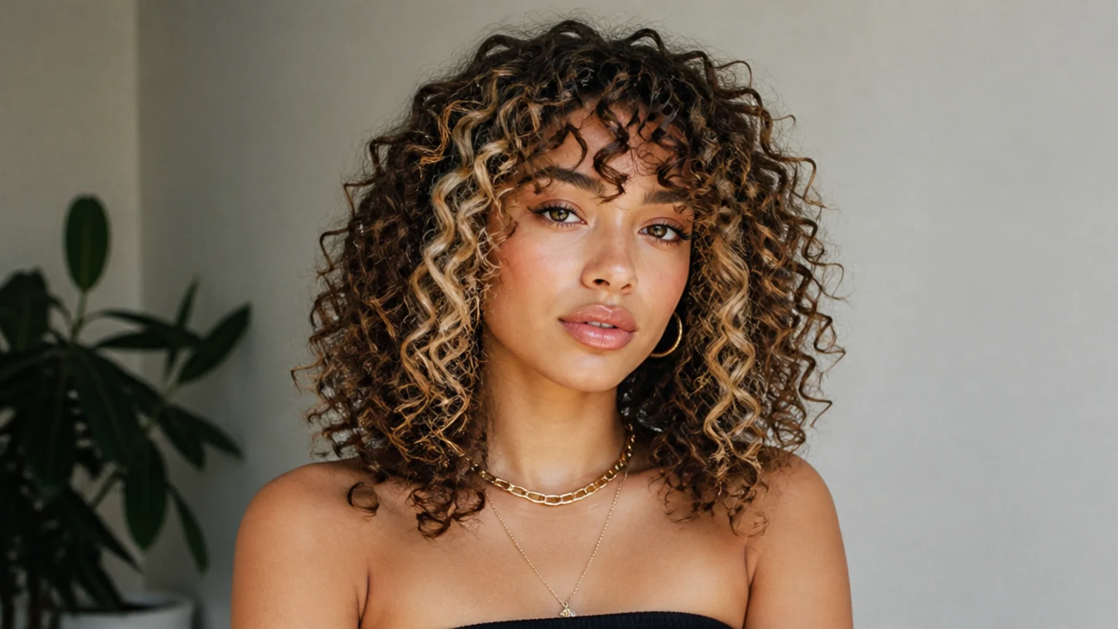 Curly hair with curly bangs and a money piece worked in