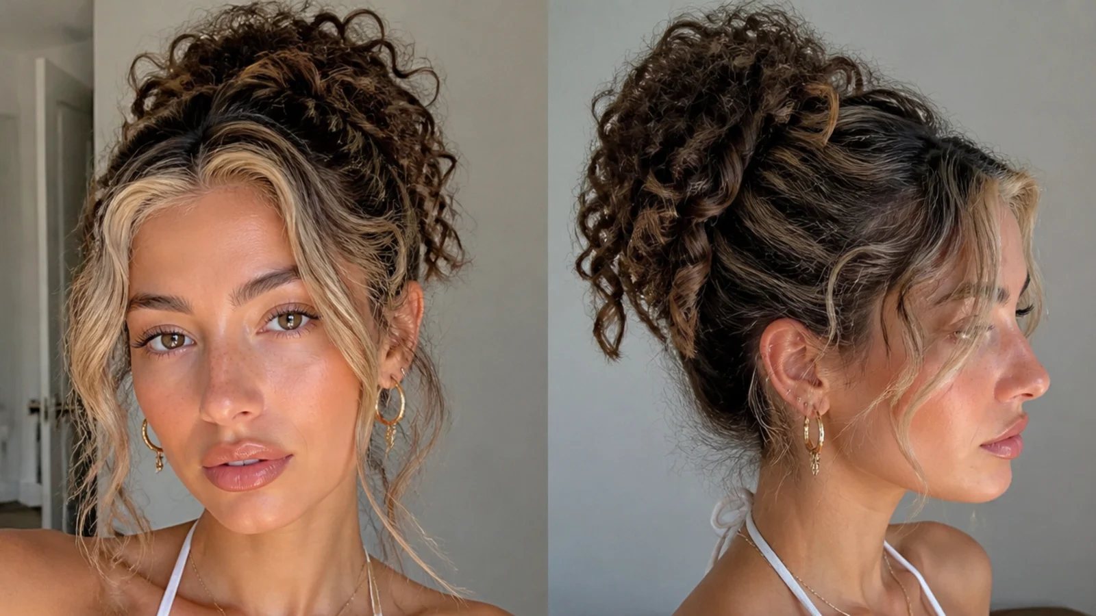 Curly updo showing bright money piece pieces framing the face