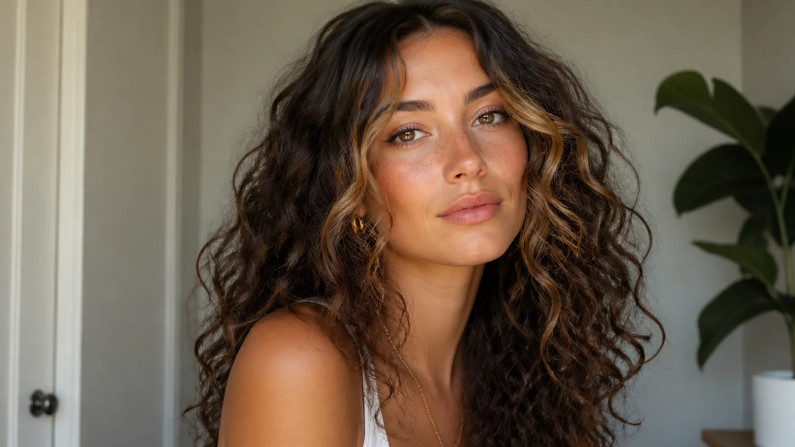 Curly hair with a warm bronze money piece