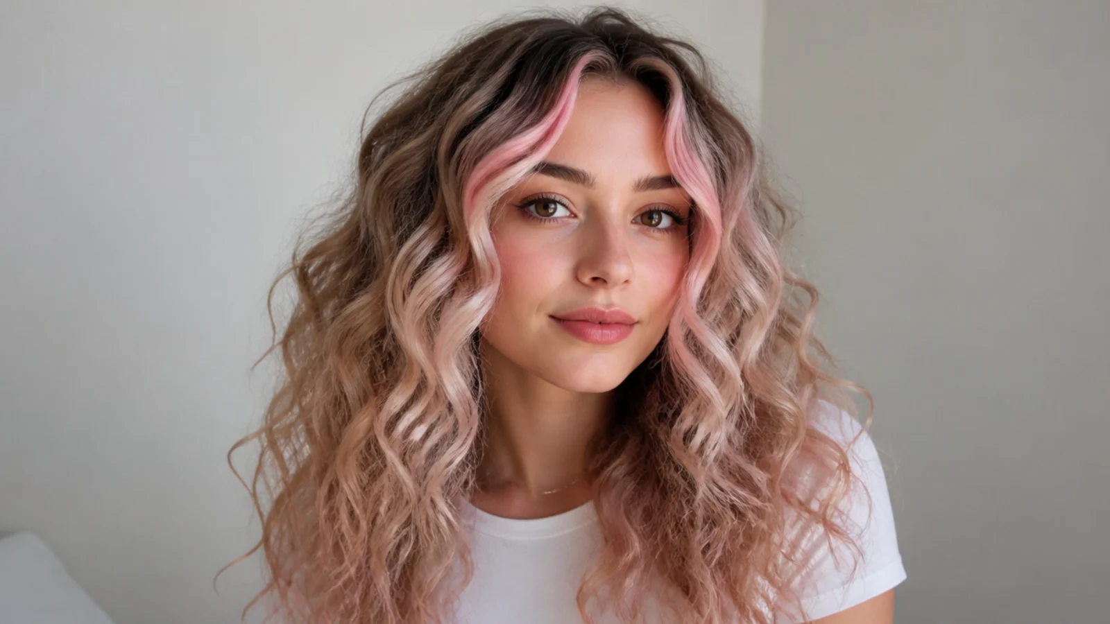 Light curly hair with pastel-toned money piece pieces