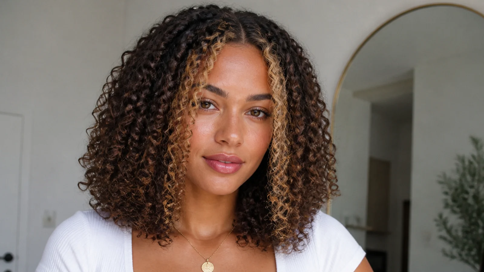 Curly wash-and-go with a soft money piece defining the front curls