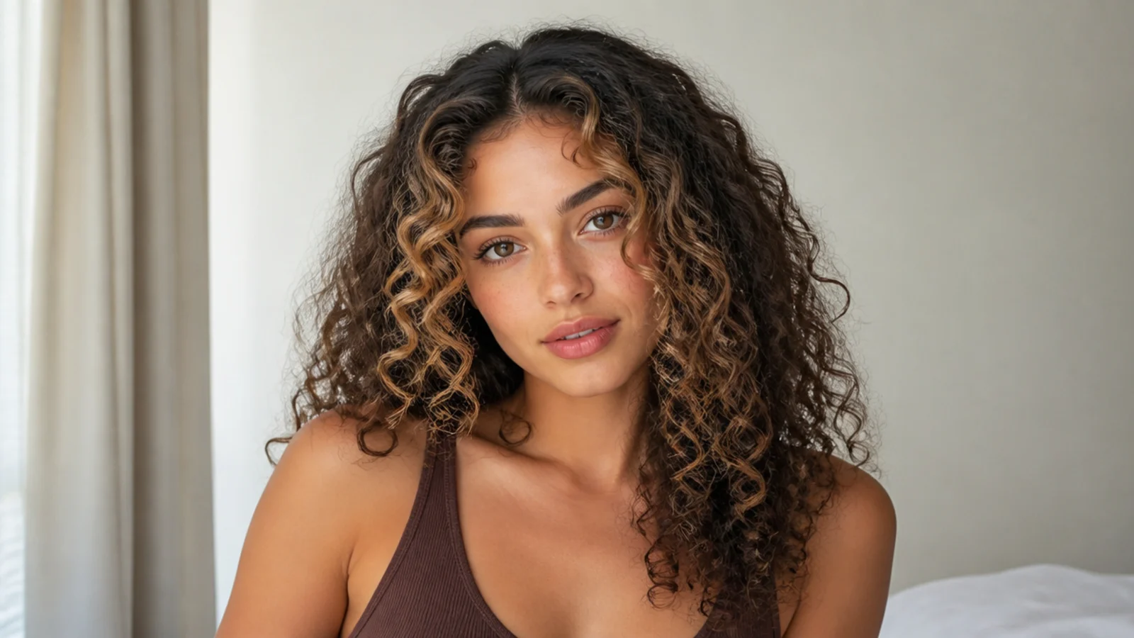 Curly hair with a very subtle warm money piece glow at the front