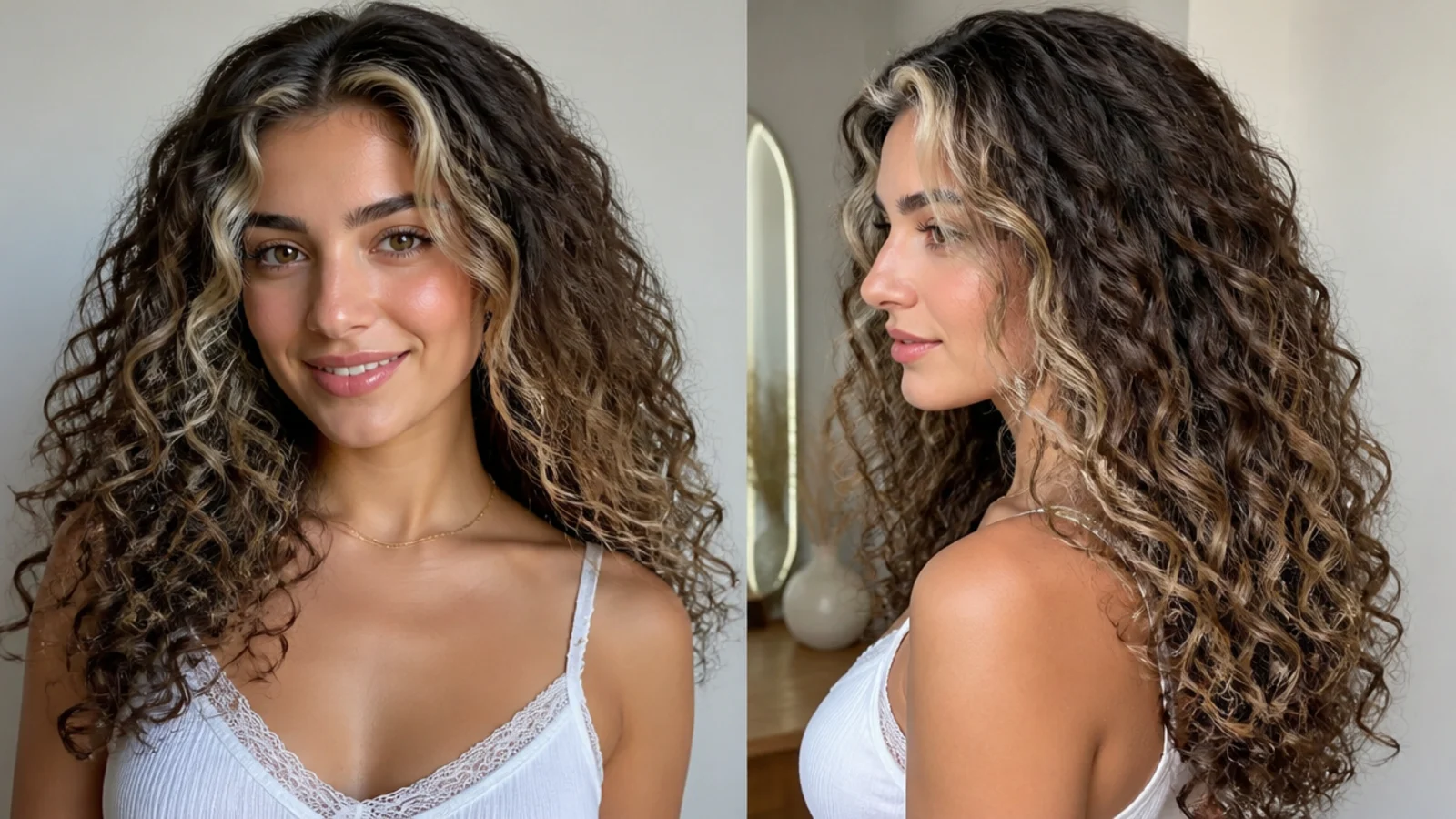 Curly hair with a money piece blended with a few lowlights for depth