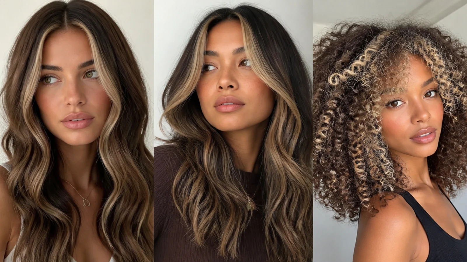 Money piece placement shown on loose waves, curls and tight coils