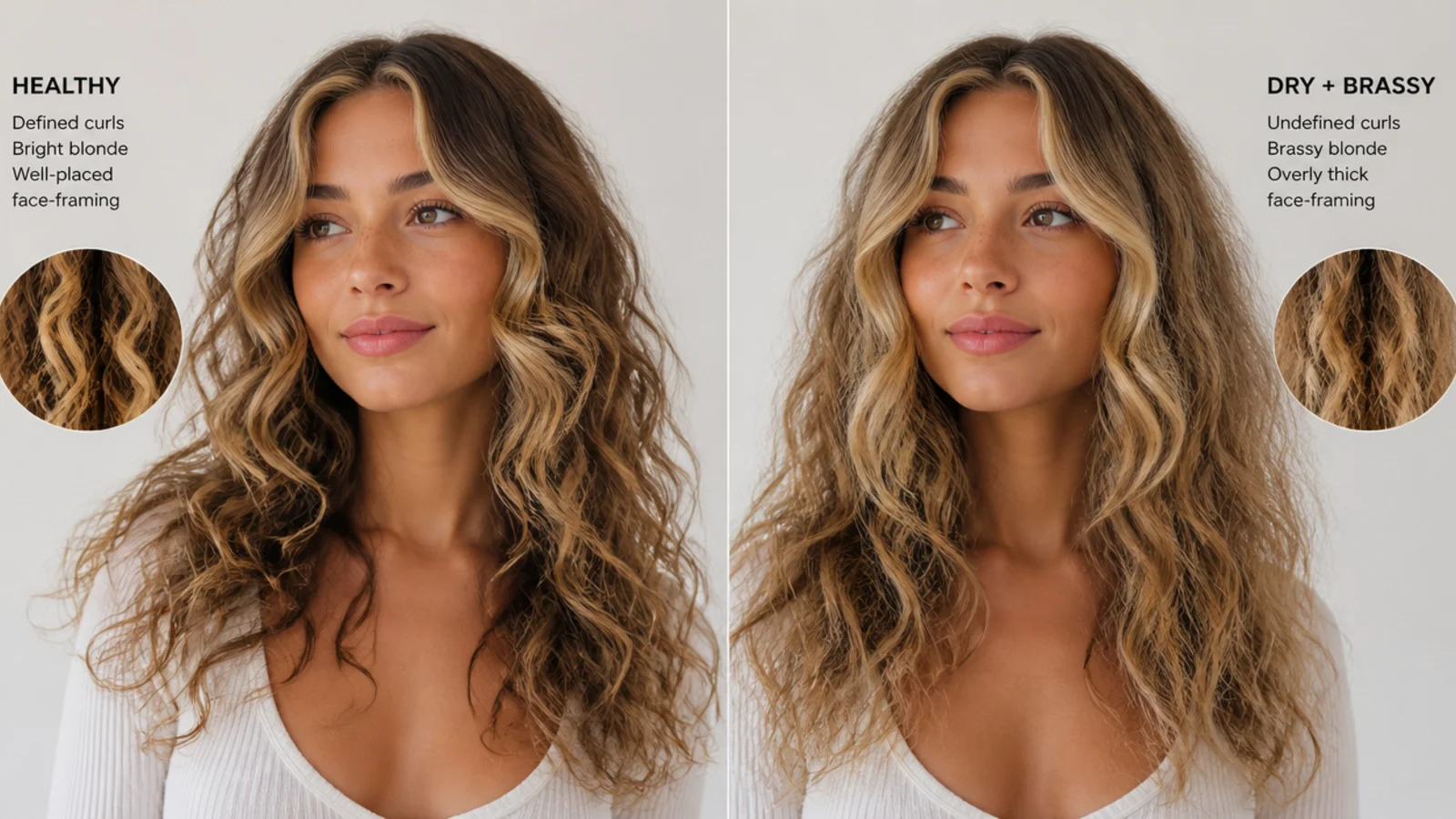 Comparison of a healthy defined curly money piece and a dry, brassy one