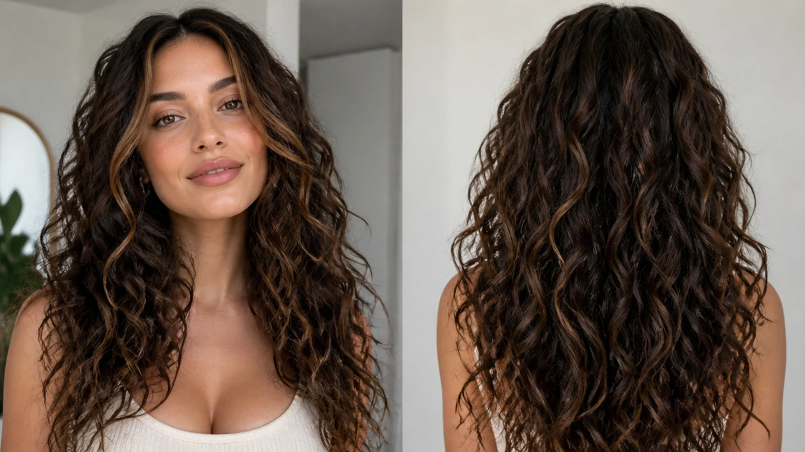 Curly brown hair with a caramel money piece framing the face