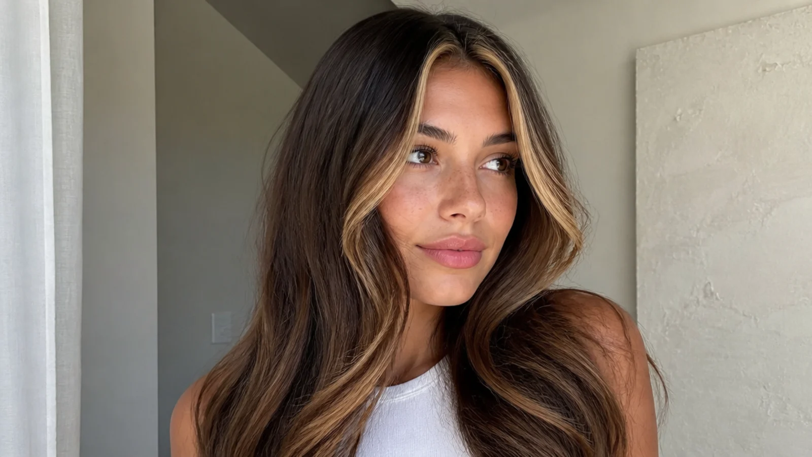 Dark brown hair with a soft honey money piece melting into the base