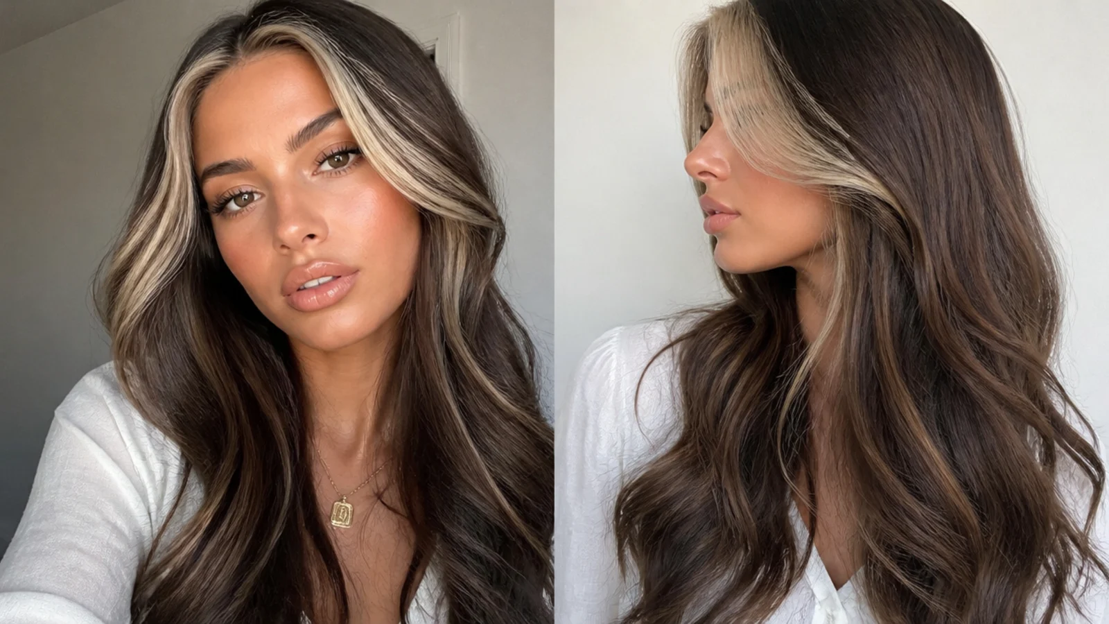 Dark brown hair with chunky 90s-style blonde money piece pieces
