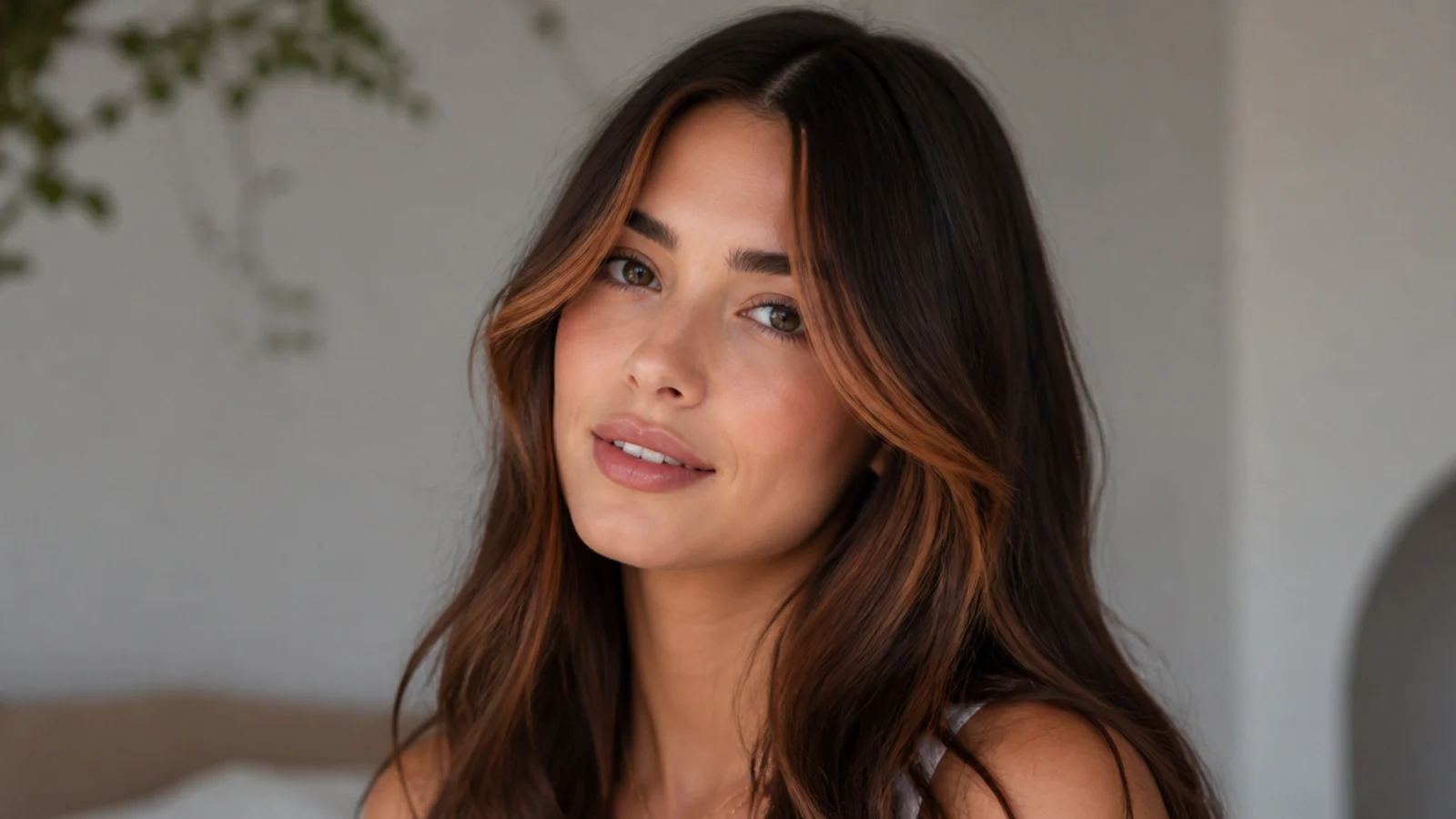 Dark brown hair with a warm copper money piece framing the face