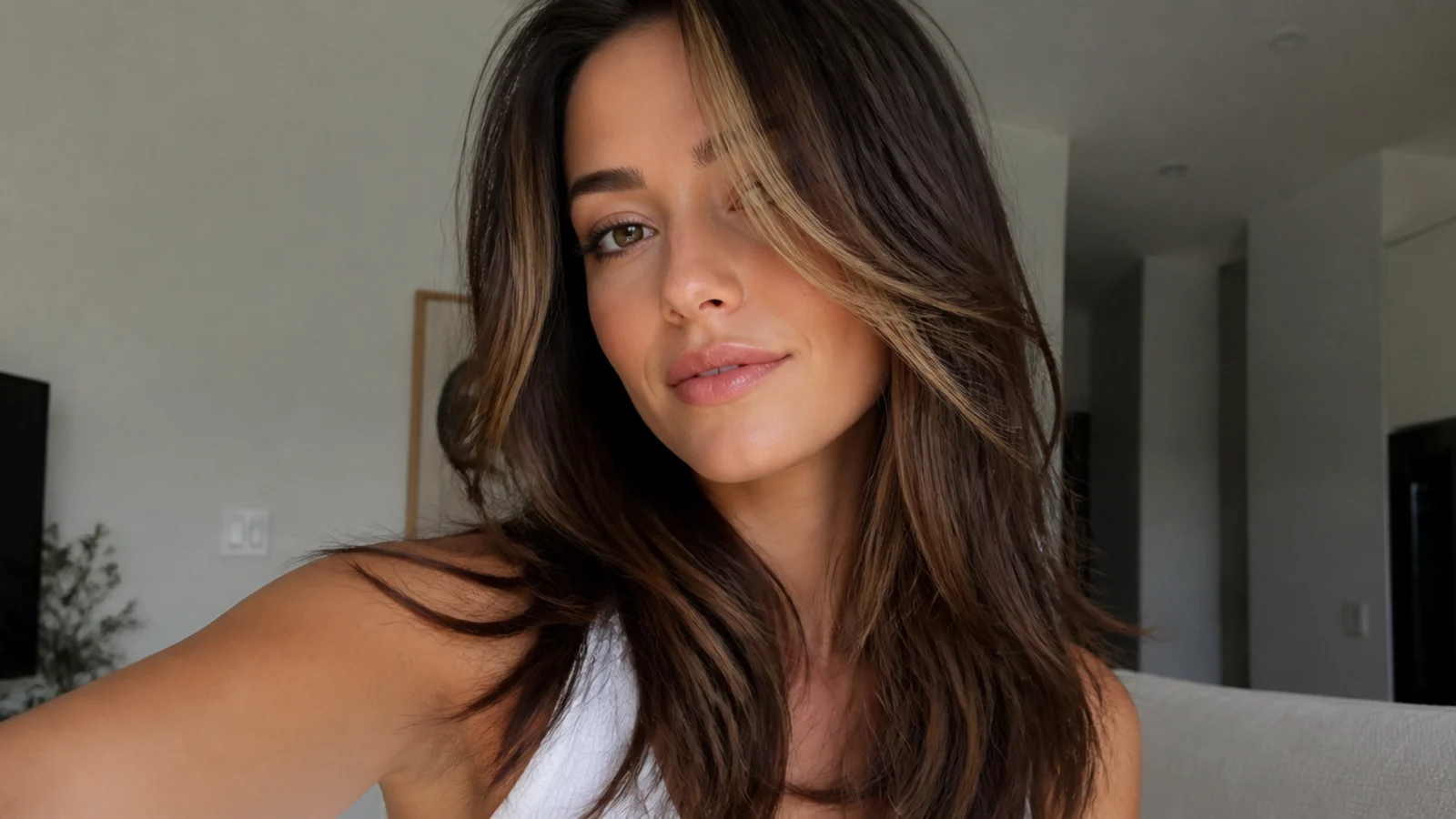 Dark brown layered hair with a caramel money piece following the layers