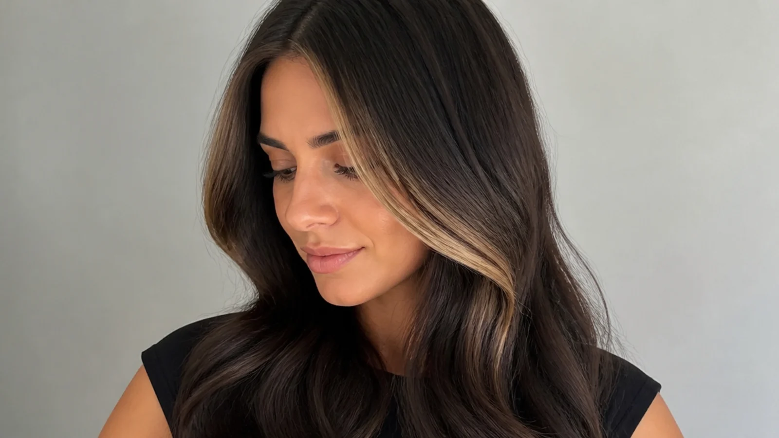 Dark brown hair with a hidden peekaboo caramel money piece