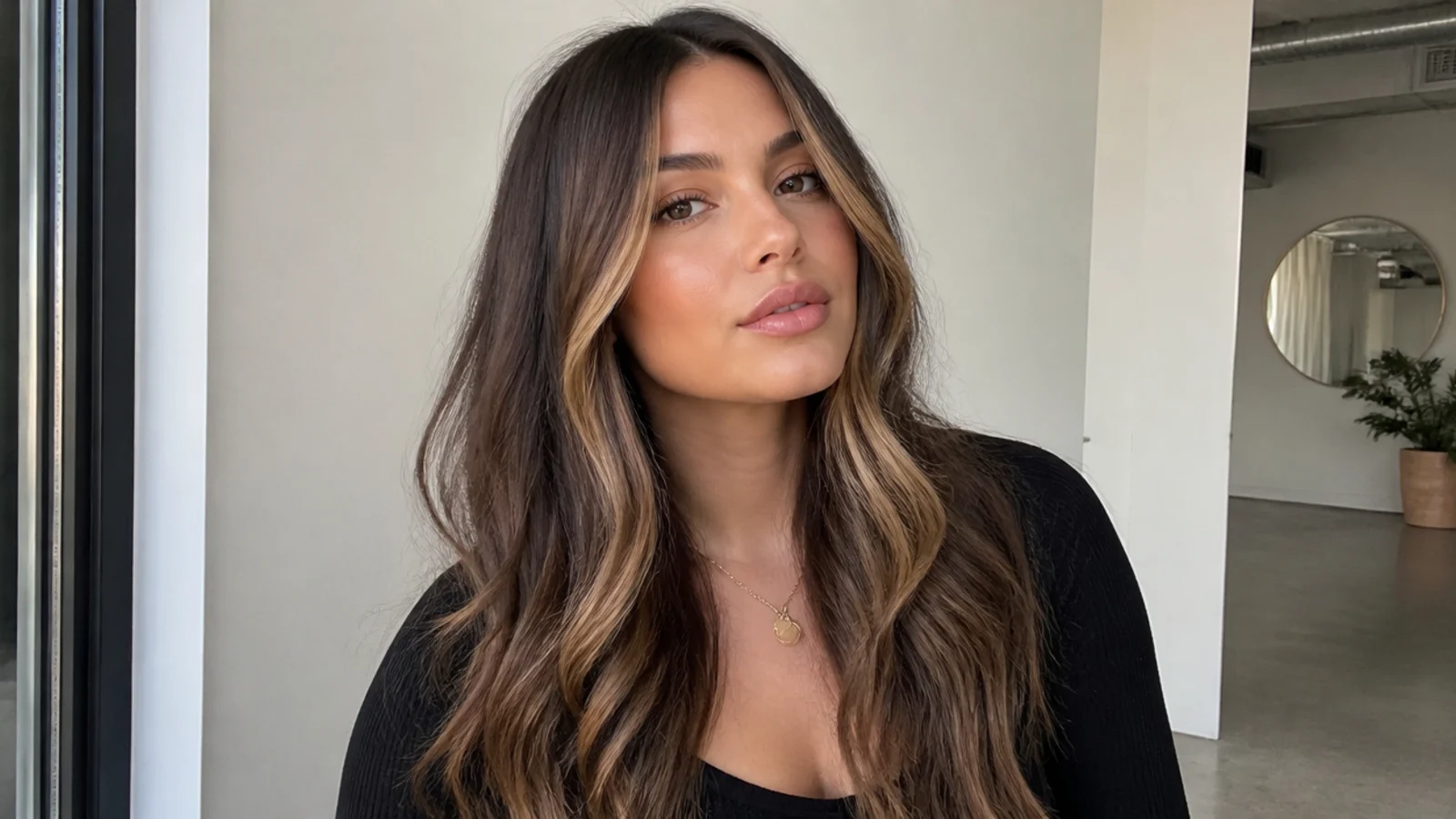Dark brown hair with an ombre money piece fading lighter toward the ends