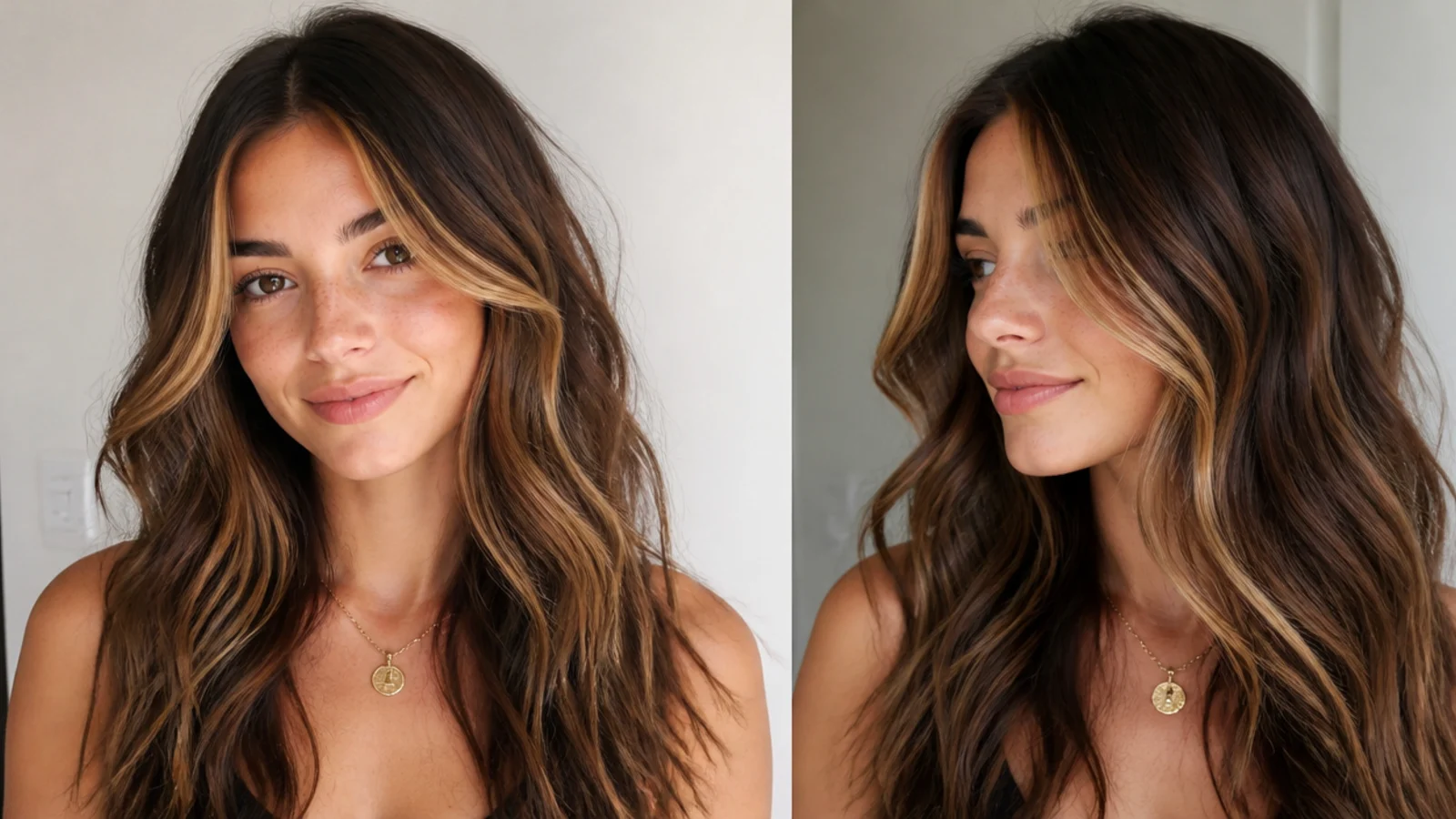 Dark brown hair with a warm bronze money piece