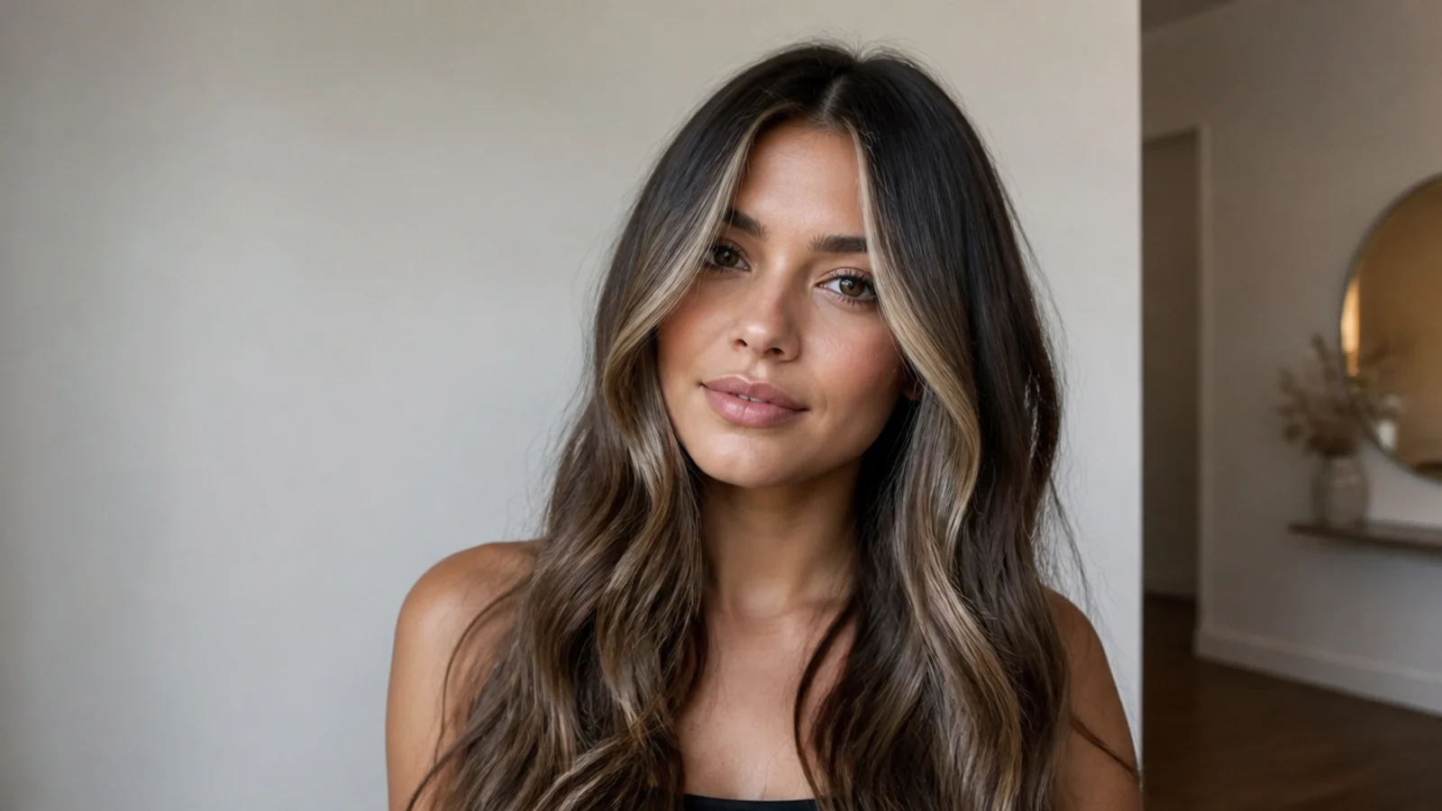 Dark brown hair with fine golden babylight money piece pieces