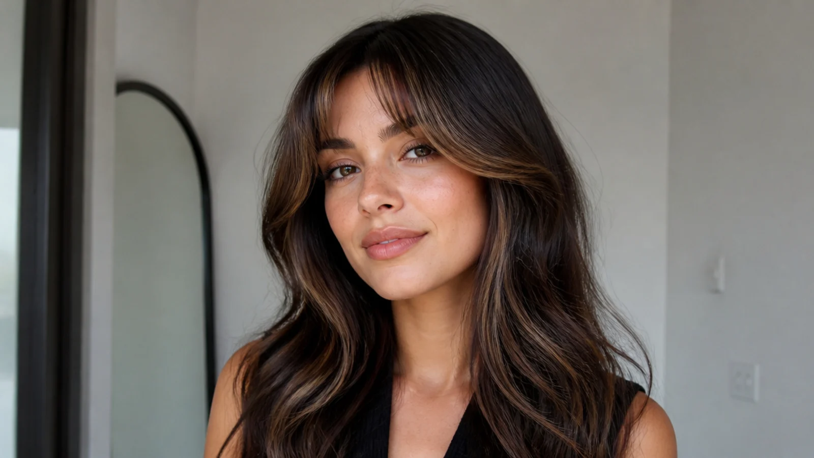 Dark brown curtain bangs with a caramel money piece worked in