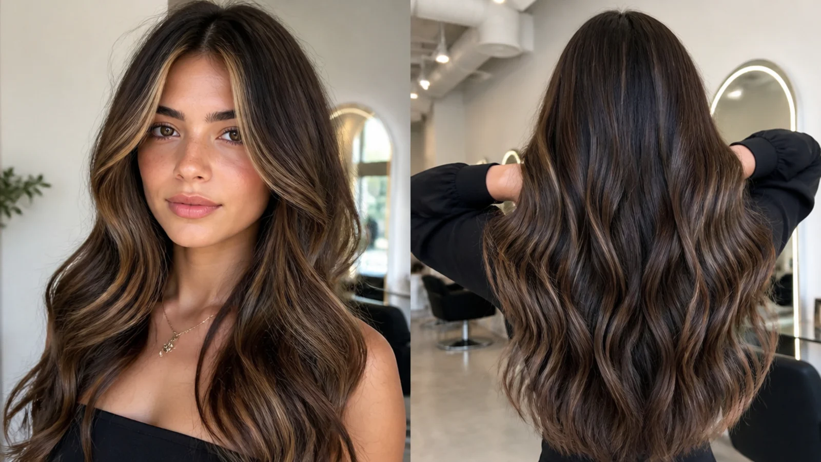 Dark brown hair with a subtle caramel money piece and a high-shine gloss