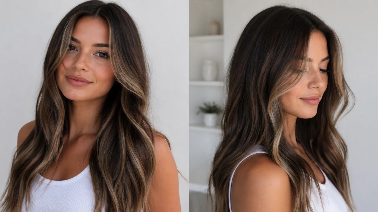 Dark brown hair with a money piece softened by a few lowlights