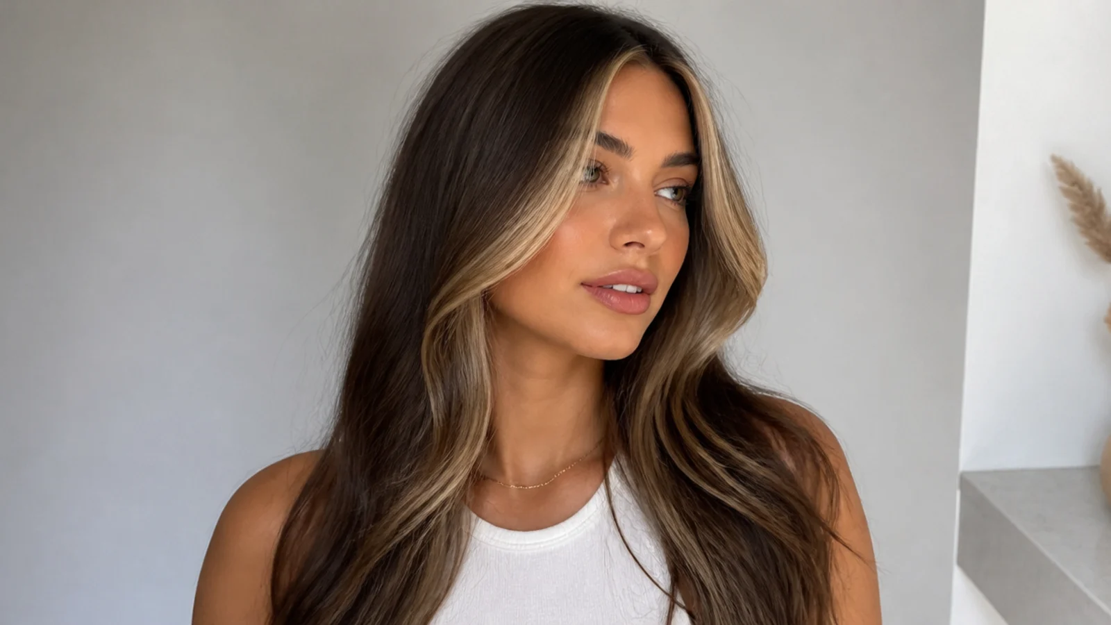 Dark brown hair with a bold, wide blonde money piece statement