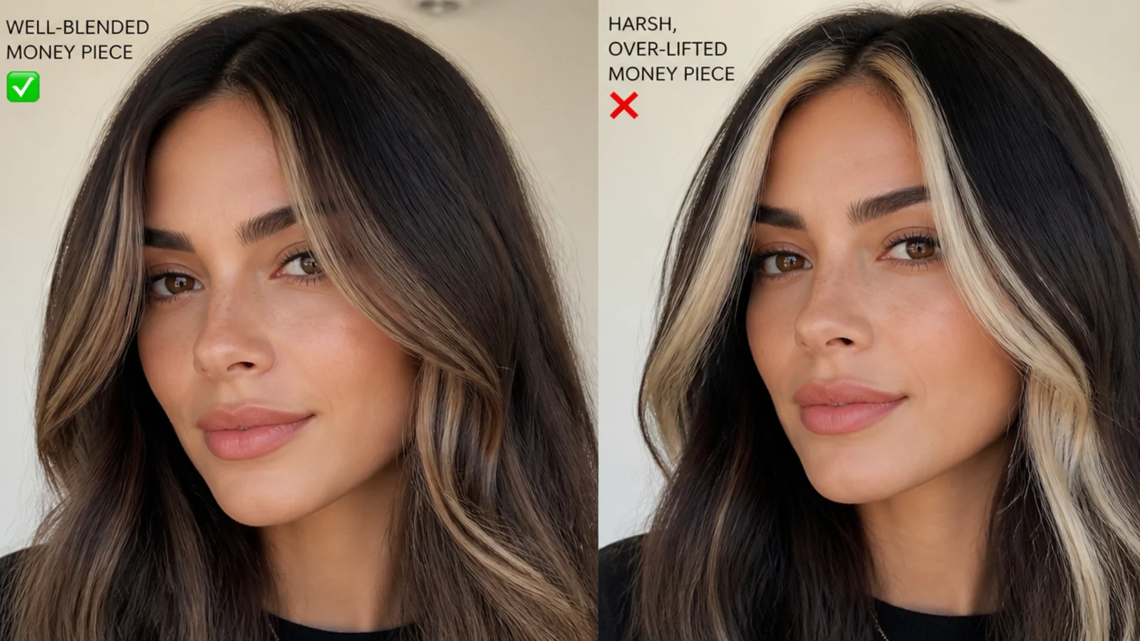 Close-up comparing a well-blended money piece with a harsh, over-lifted one on dark hair