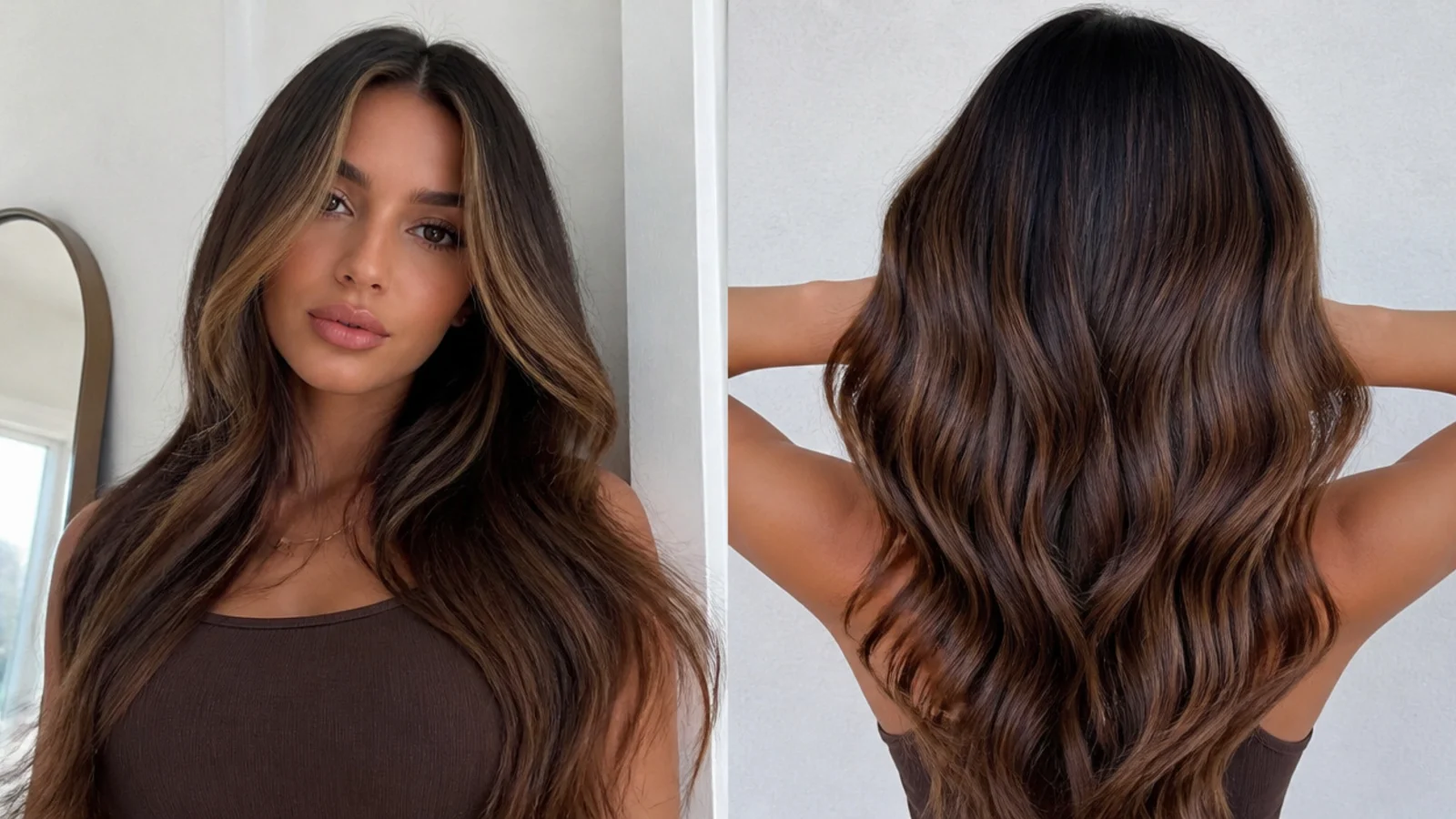 Dark brown hair with a caramel money piece framing the face, glossy finish