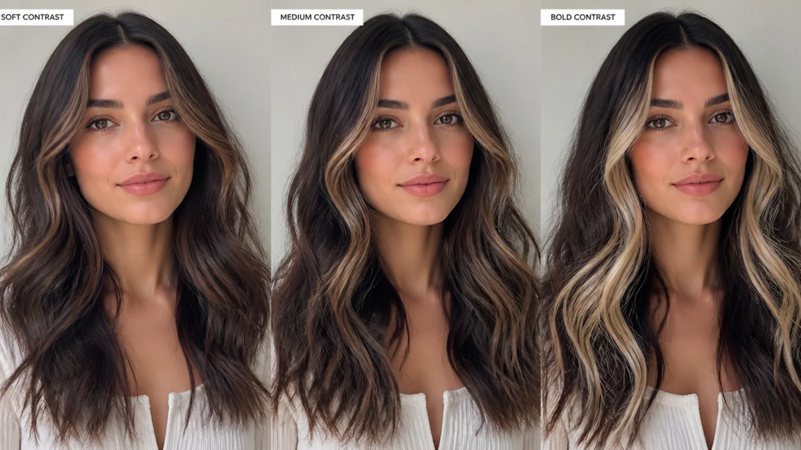 Dark brown hair shown with soft, medium and bold money piece contrast levels