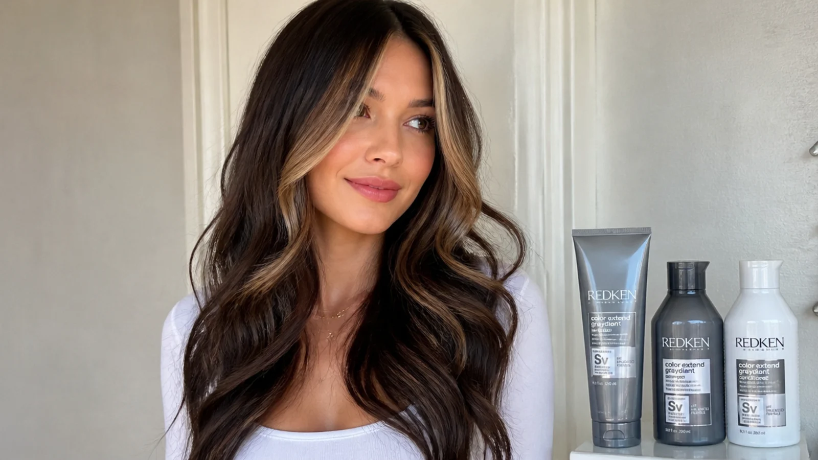 Toning products beside a freshly lightened caramel money piece on dark brown hair