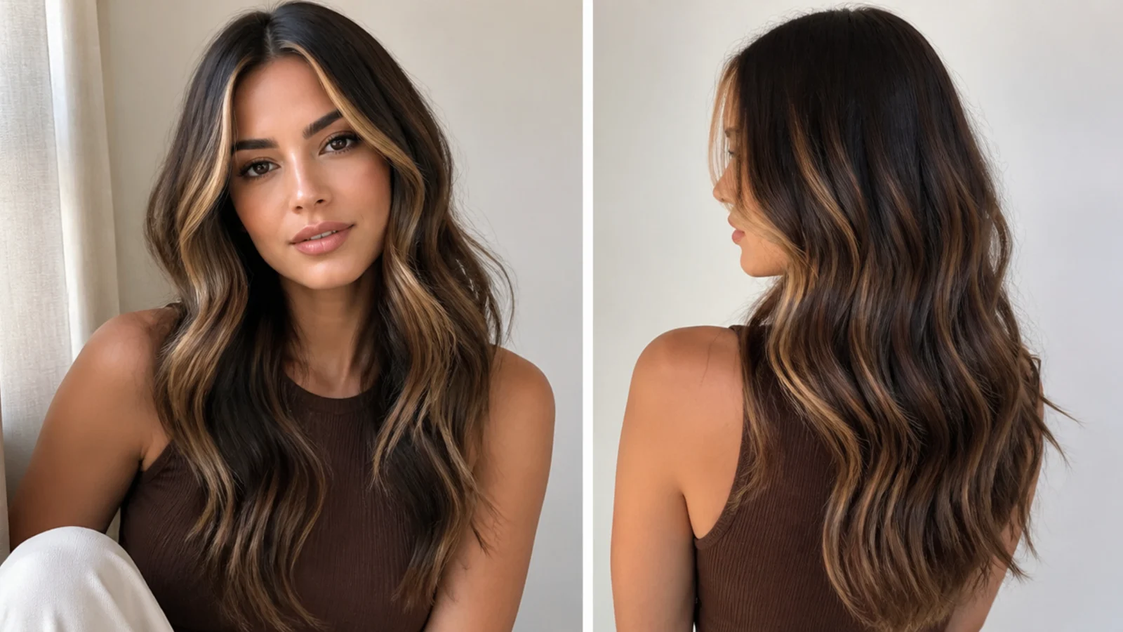 Brunette hair with honey blonde money piece highlights around the face