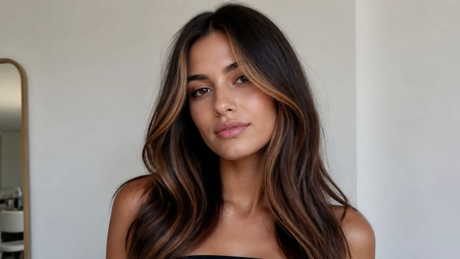 Chocolate brown hair with toffee-toned money piece swirled through the front