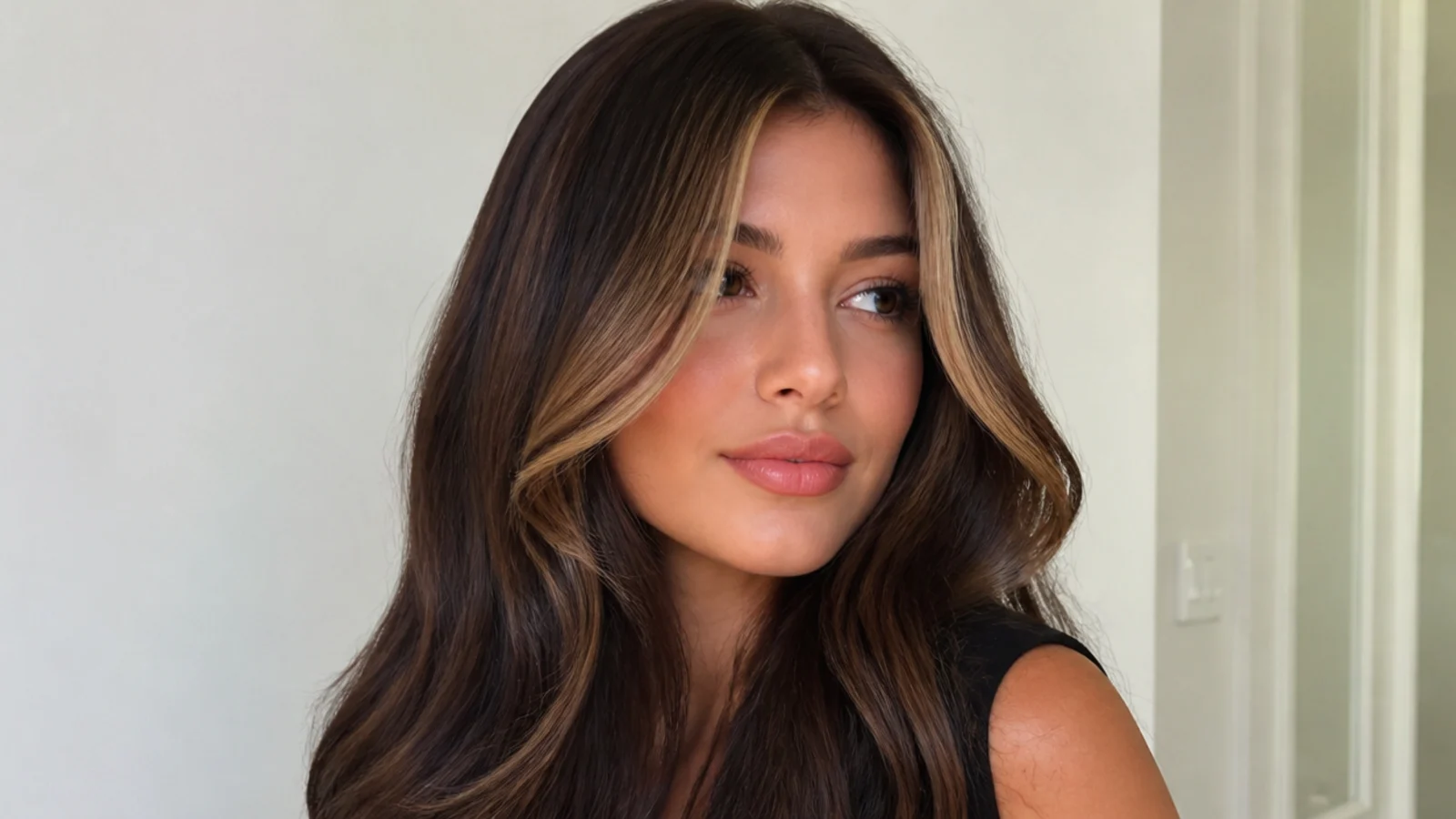 Dark chocolate brown hair with a caramel money piece blend at the front