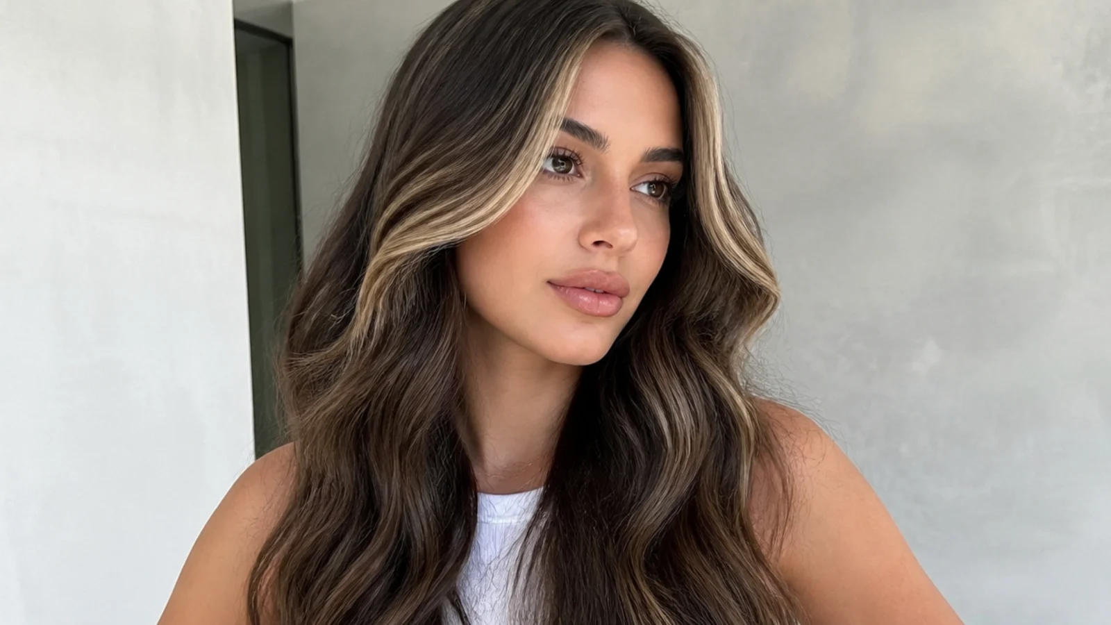 Cool-toned brunette hair with an ashy blonde money piece