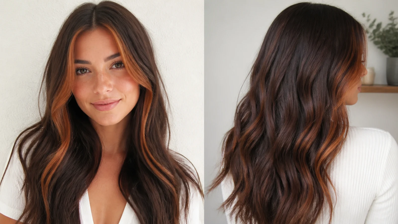 Brunette hair with a copper money piece framing the face