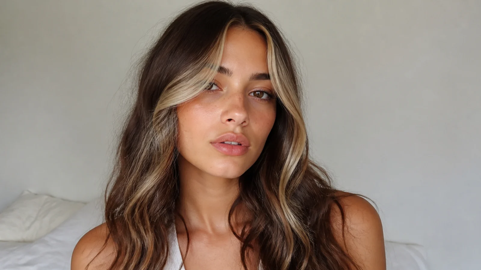 Dark brown hair with chunky bleach blonde money piece pieces at the front