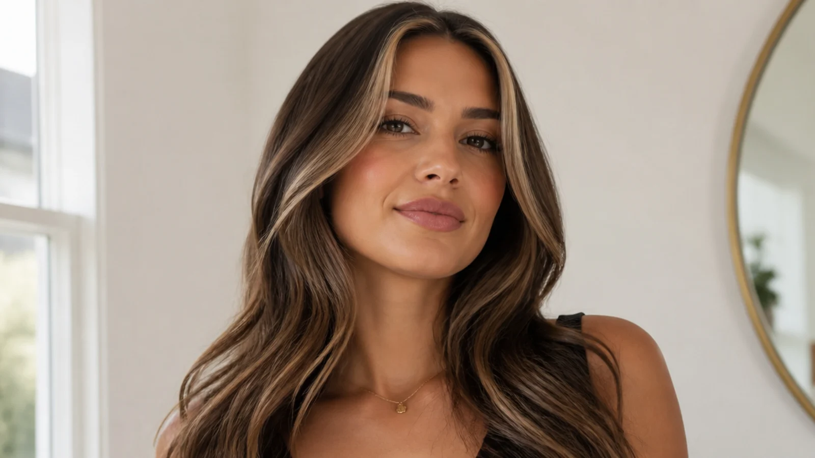 Brunette hair with fine babylight money piece highlights framing the face