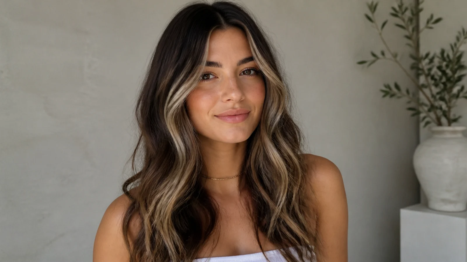 Brunette balayage with a brighter money piece concentrated at the face