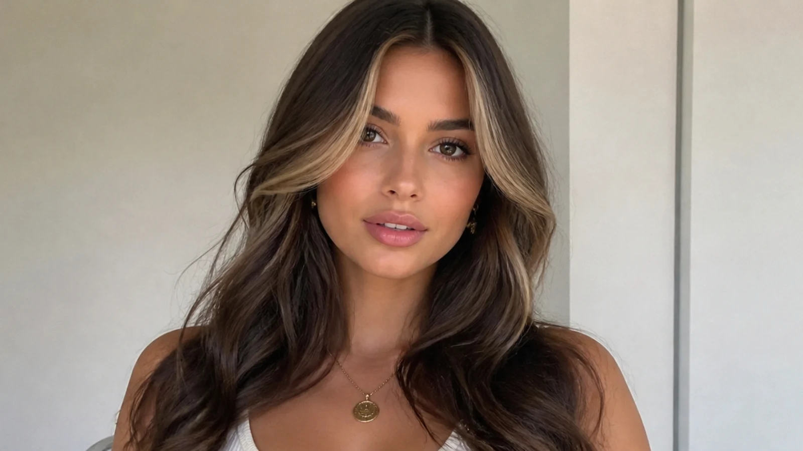 Brunette hair with a golden money piece around the face