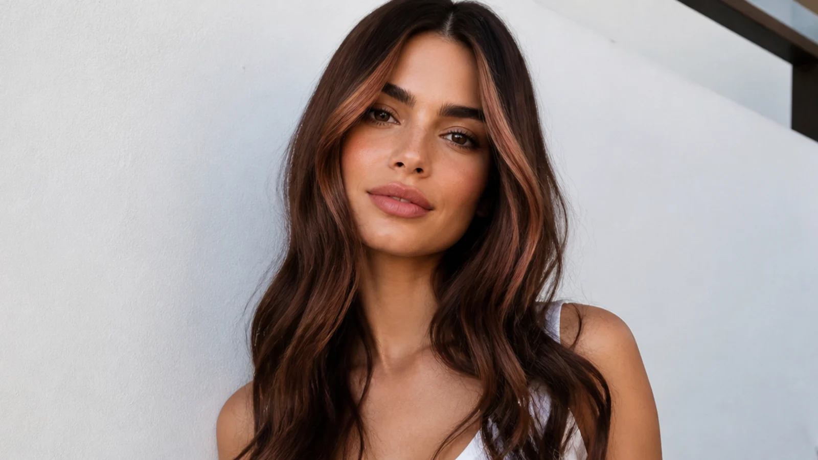 Brunette hair with a soft strawberry-tinted money piece