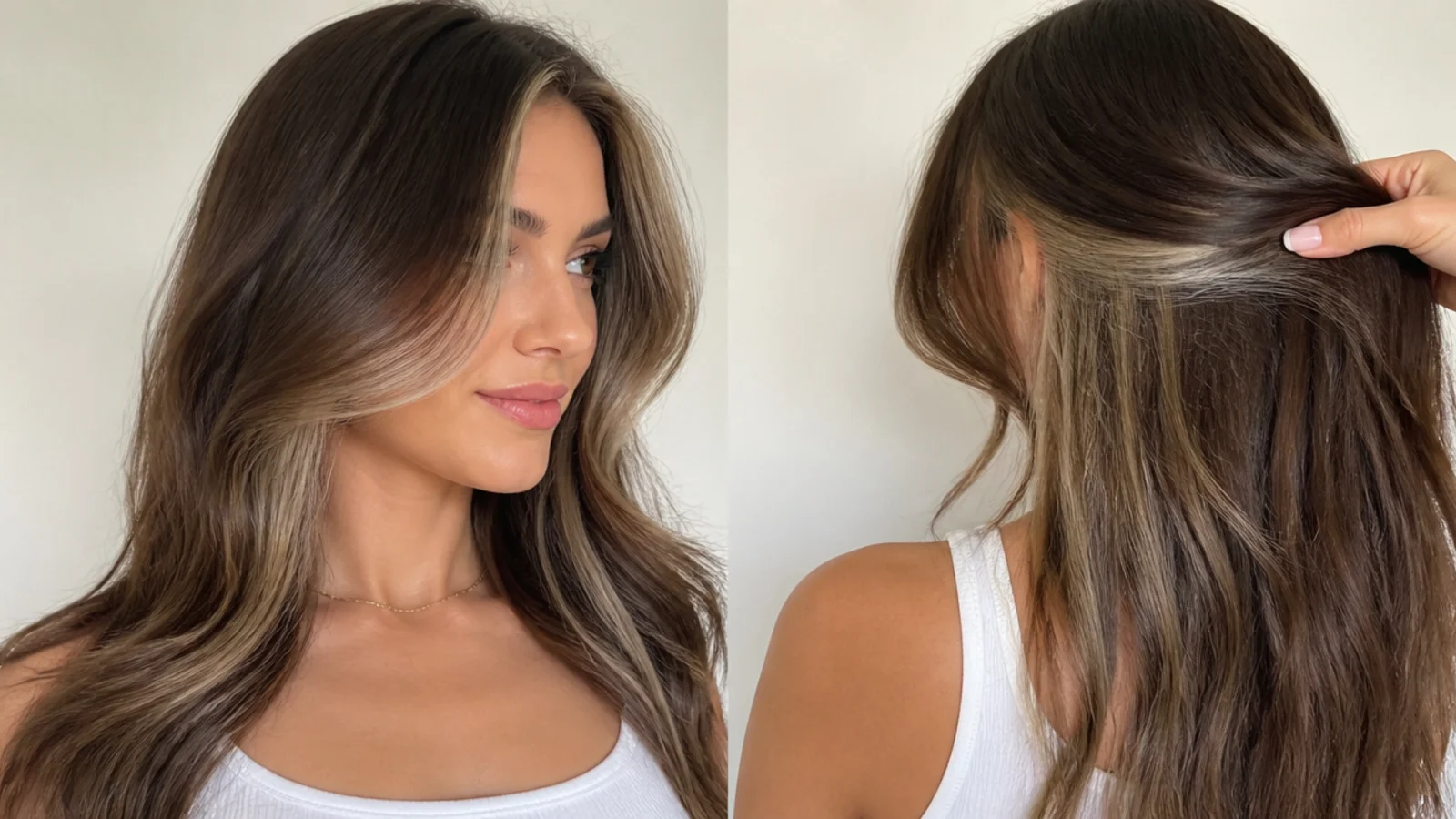 Brunette hair hiding a brighter peekaboo money piece underneath the front