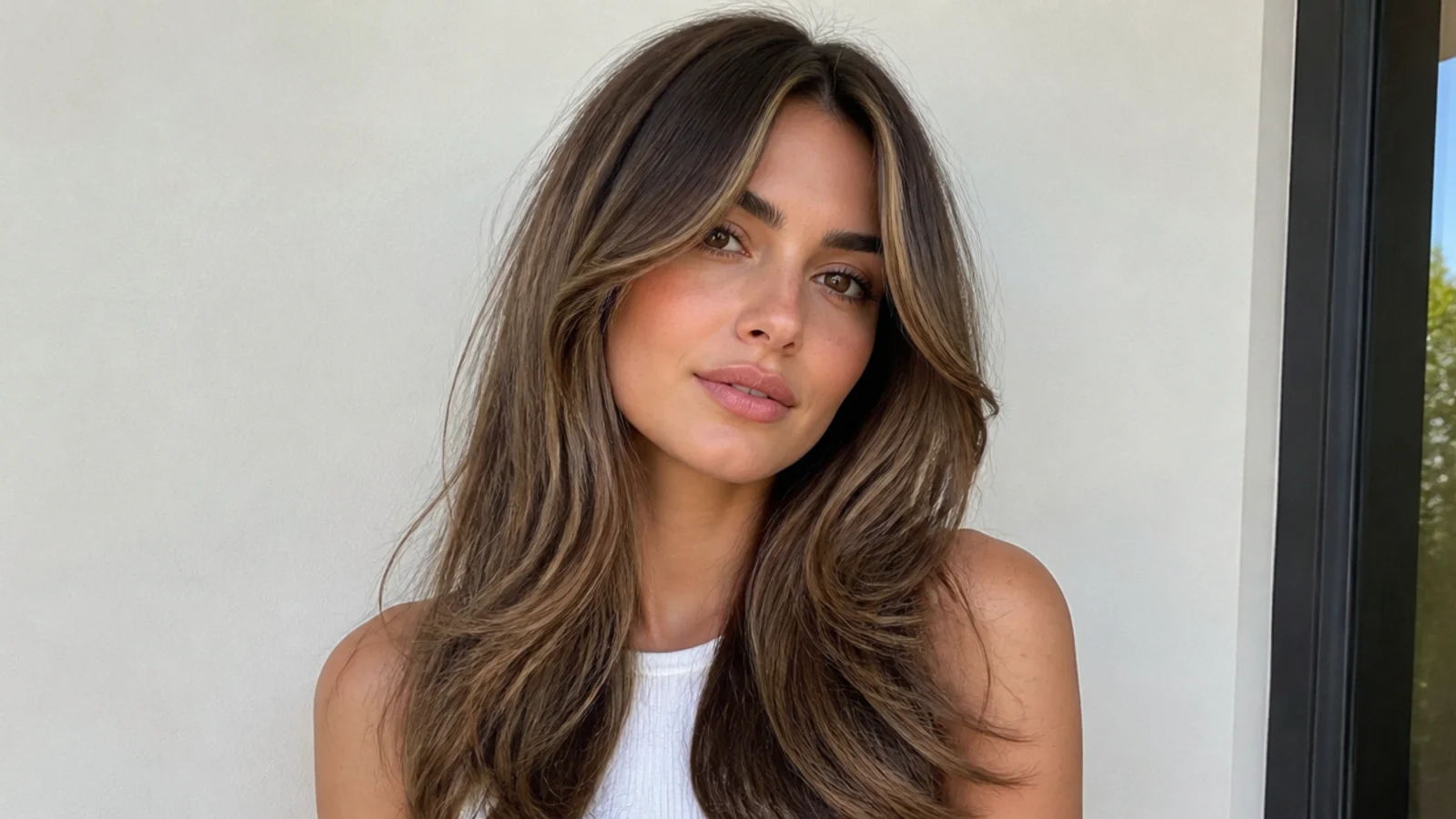 Lighter brunette hair with darker reverse money piece front pieces