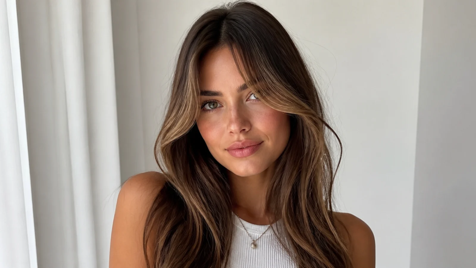 Brunette curtain bangs with a caramel money piece worked into them